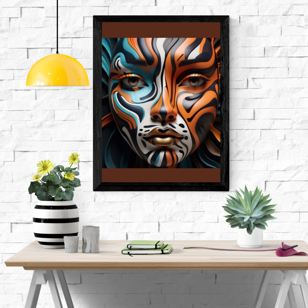 A 3D abstract face featuring animalistic traits with sharp angles and intense expression.