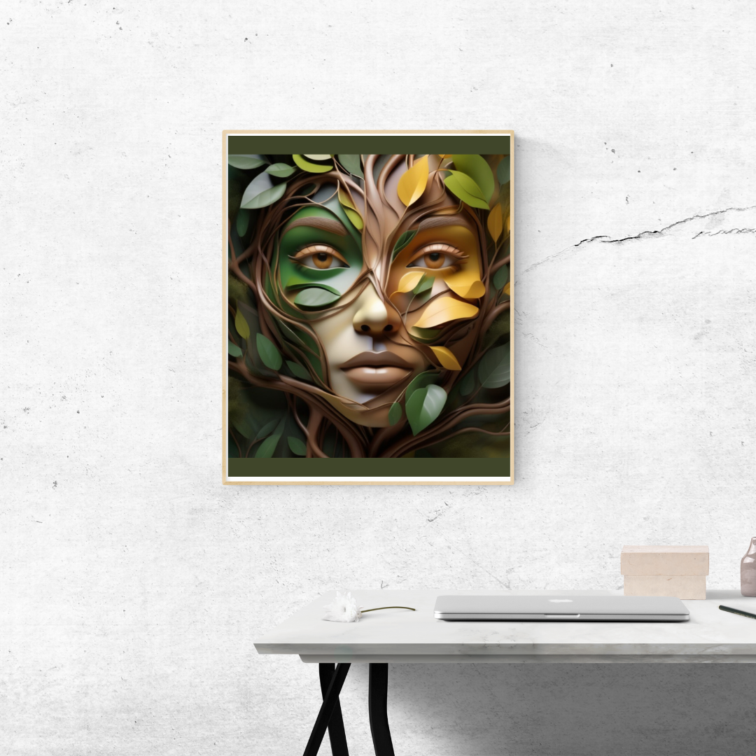 A 3D abstract female face surrounded by tree branches and forest elements for a wild, natural vibe.