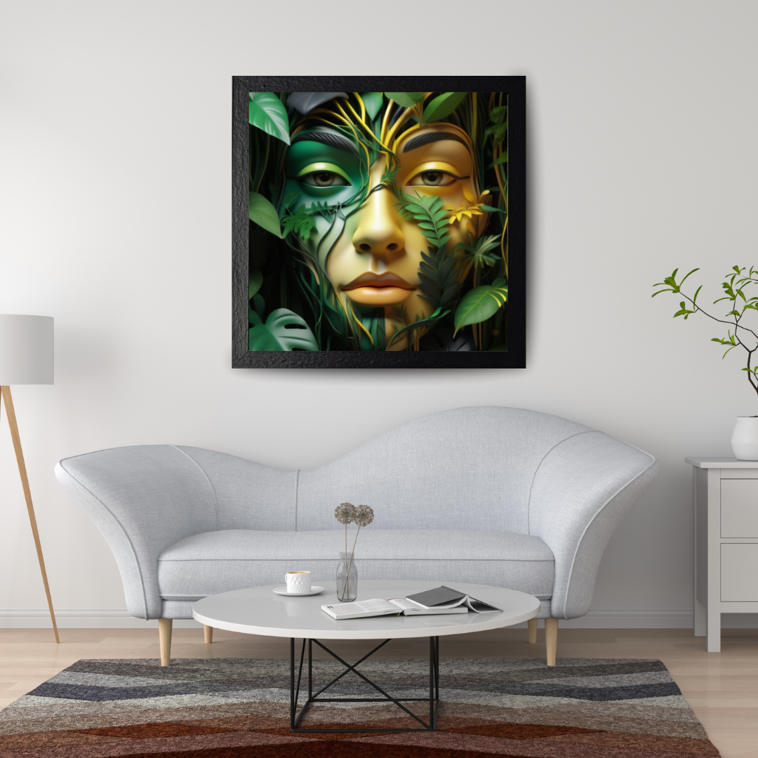 A surreal 3D face blending with jungle vibes, symbolizing the wild and untamed.