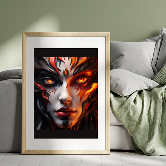 A 3D face with fierce eyes and flames, symbolizing passion, energy, and wildness.