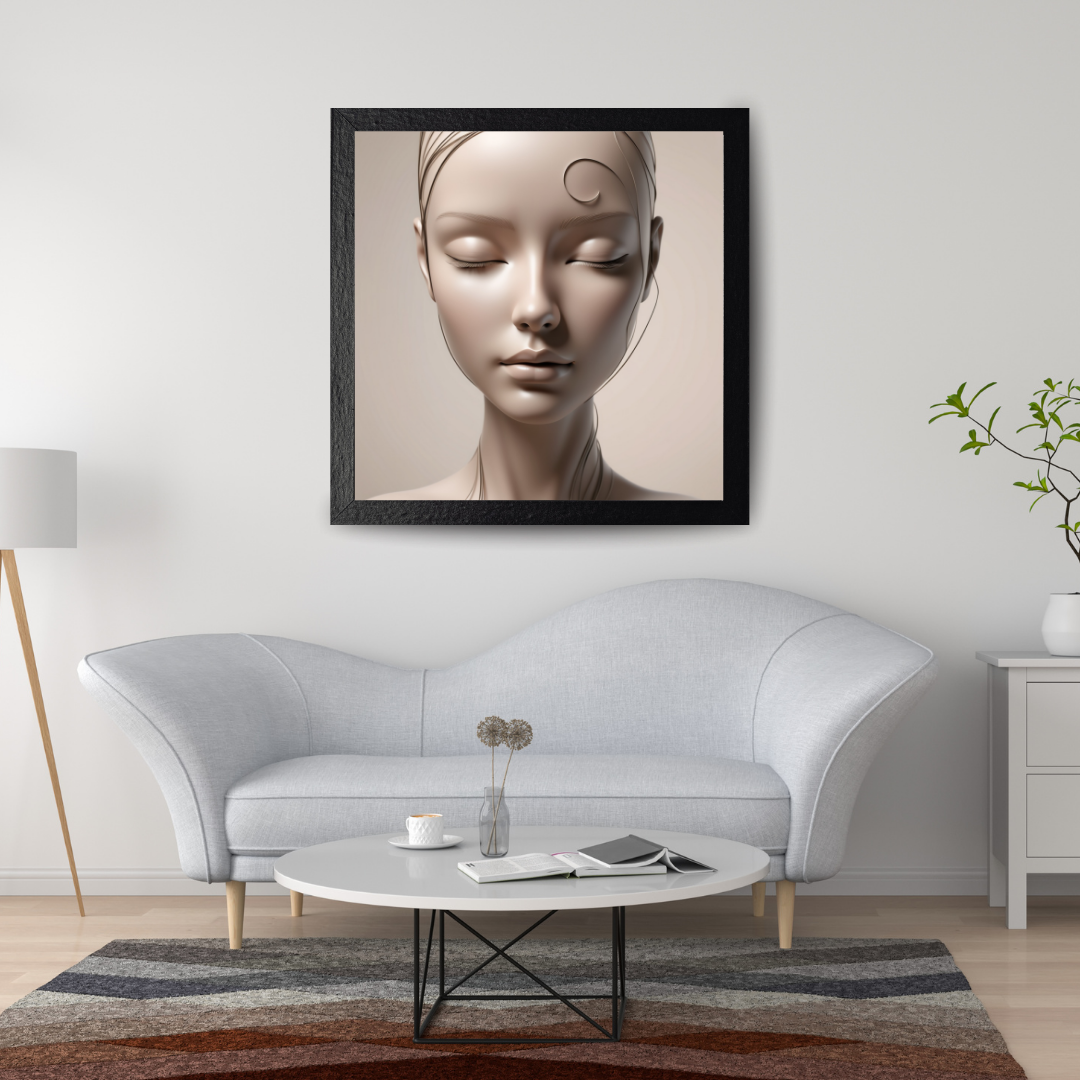 A 3D abstract female face with closed eyes, exuding calmness and depth.