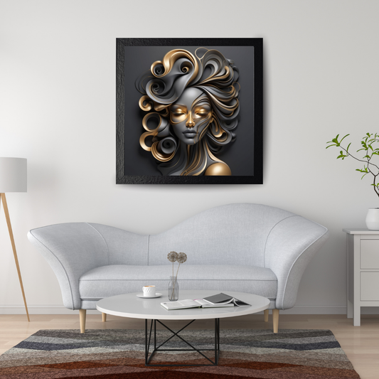 A 3D abstract female face with dynamic, flowing curved hair for an artistic touch.