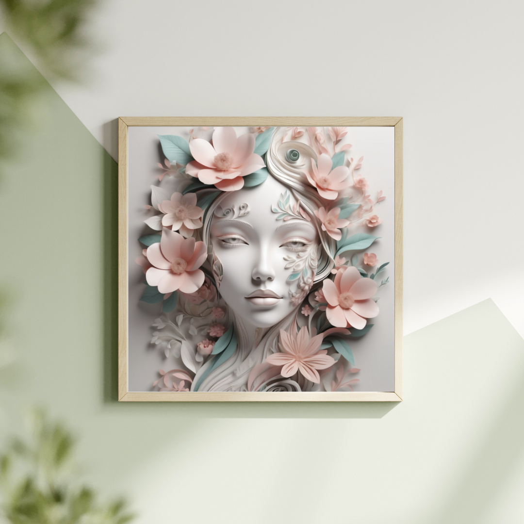 A 3D abstract female face with soft floral elements creating depth and elegance.