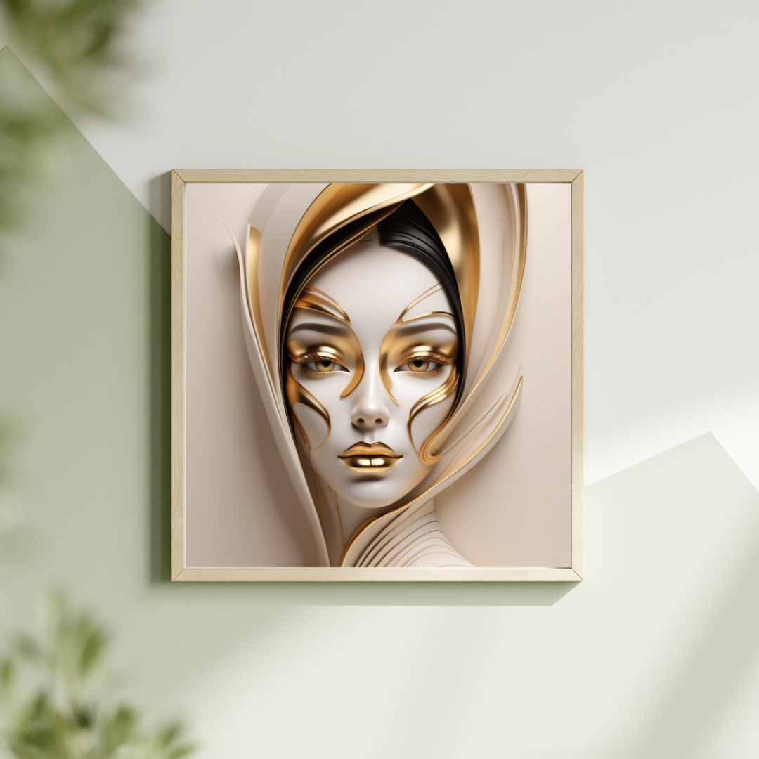 A 3D minimalist female face with elegant gold accents adding sophistication.