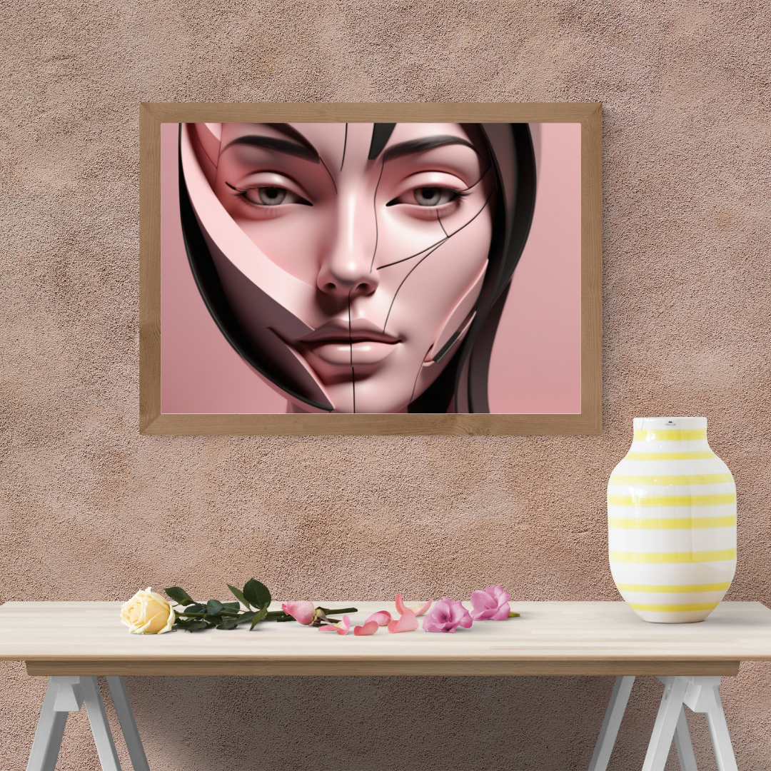 A 3D abstract female face in a striking half-face design with strong composition.