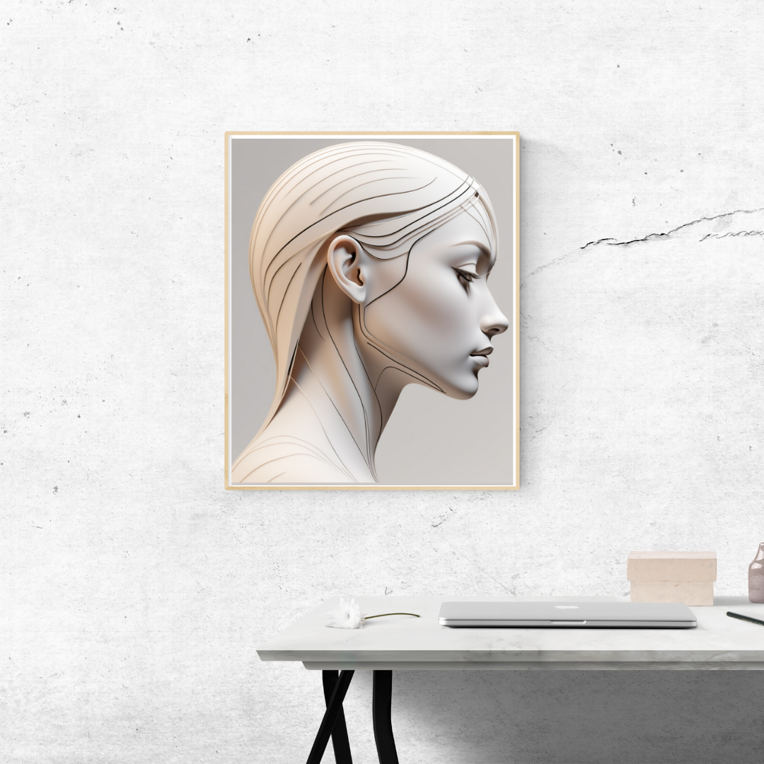 A 3D abstract female face in side profile with elegant contouring and shadowing.