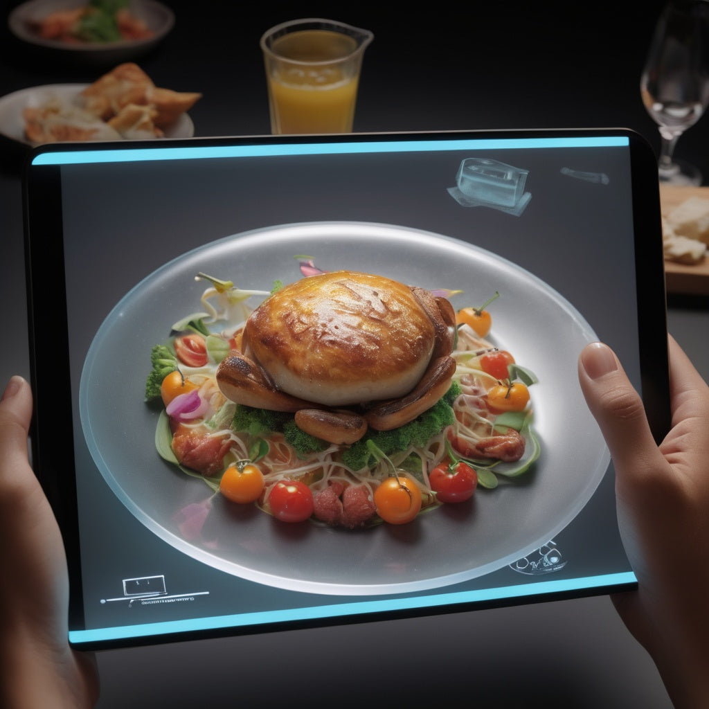 A food dish enhanced with augmented reality elements like floating holograms and digital interfaces.