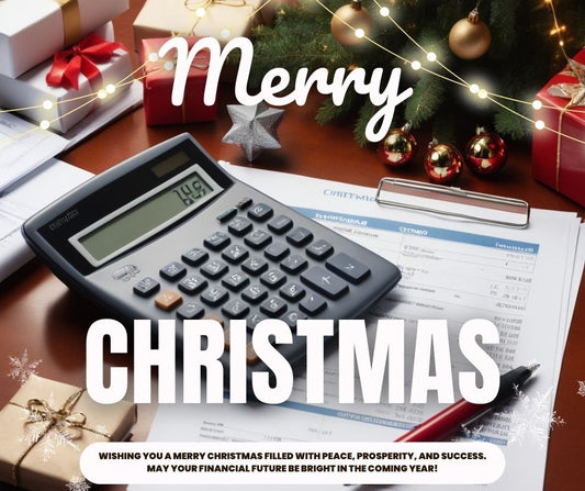 A festive office setting with a calculator, financial documents, and holiday decorations like a Christmas tree and lights.