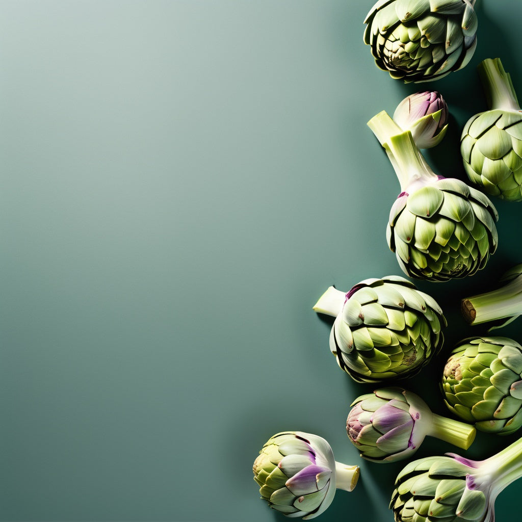 A sophisticated design featuring whole and sliced artichokes on a light green-to-white gradient background. Perfect for fresh vegetable promotions, gourmet recipe marketing, and healthy eating campaigns.