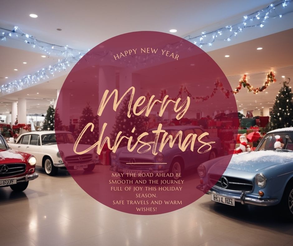 A car showroom decorated with Christmas lights, featuring cars with bows on top and a festive atmosphere inside.