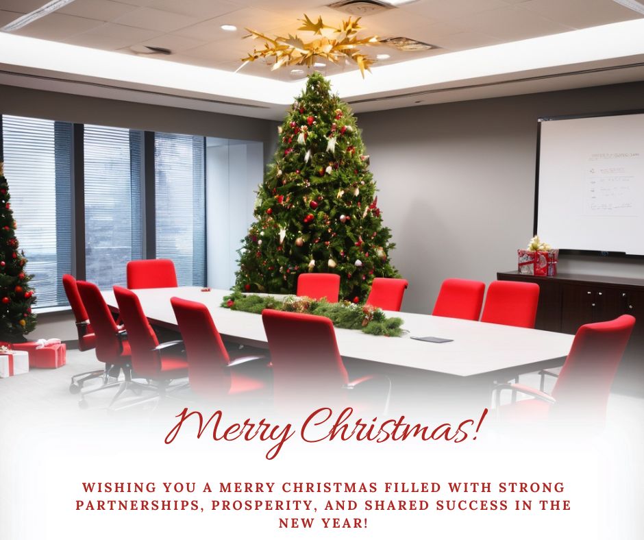 An office conference room with Christmas decorations, featuring professionals collaborating on business plans in a festive setting.