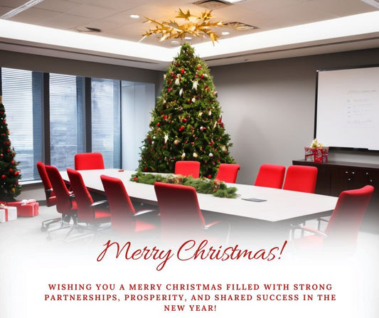 An office conference room with Christmas decorations, featuring professionals collaborating on business plans in a festive setting.