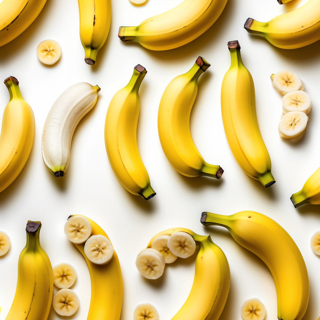 This bright design features whole and sliced bananas on a yellow-to-white gradient background, perfect for promoting fruit-based beverages, desserts, and healthy food products.