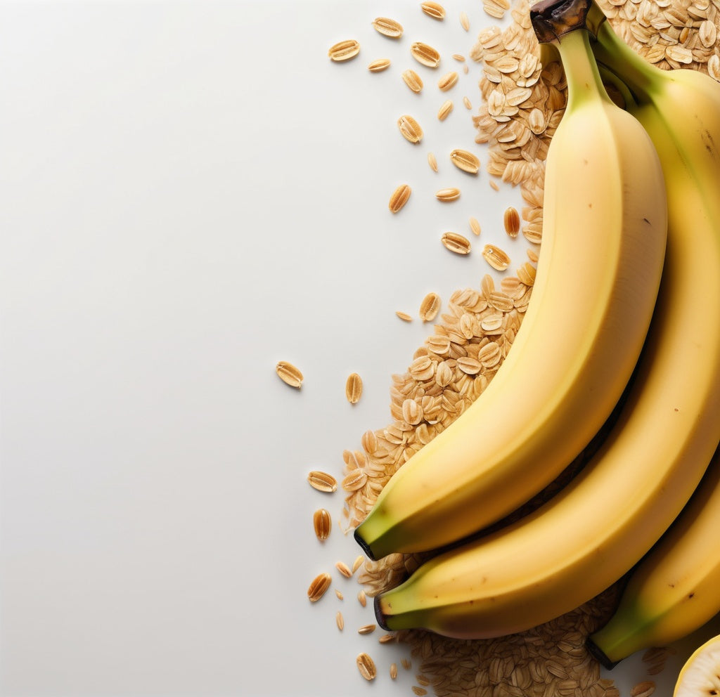 A lively design featuring a whole banana and oats placed in the right-hand corner on a yellow-to-white gradient background. Ideal for smoothie brands, breakfast food promotions, and healthy snack marketing.