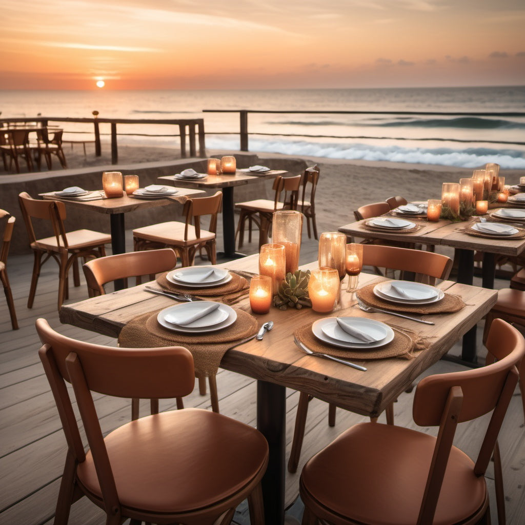 A beach café with rustic tables, ocean waves, and a warm sunset, creating an inviting atmosphere.