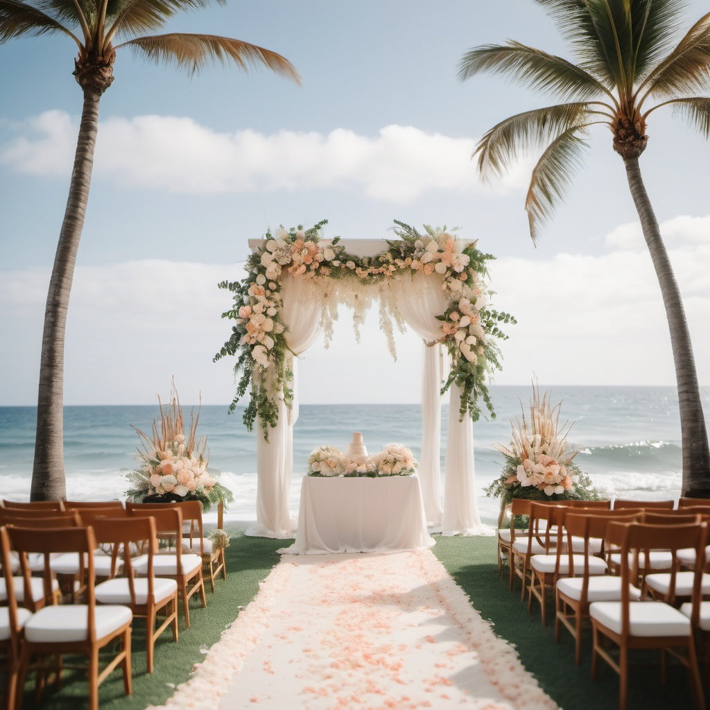 A luxury beach wedding or celebration with elegant floral décor, tables, and ocean views.