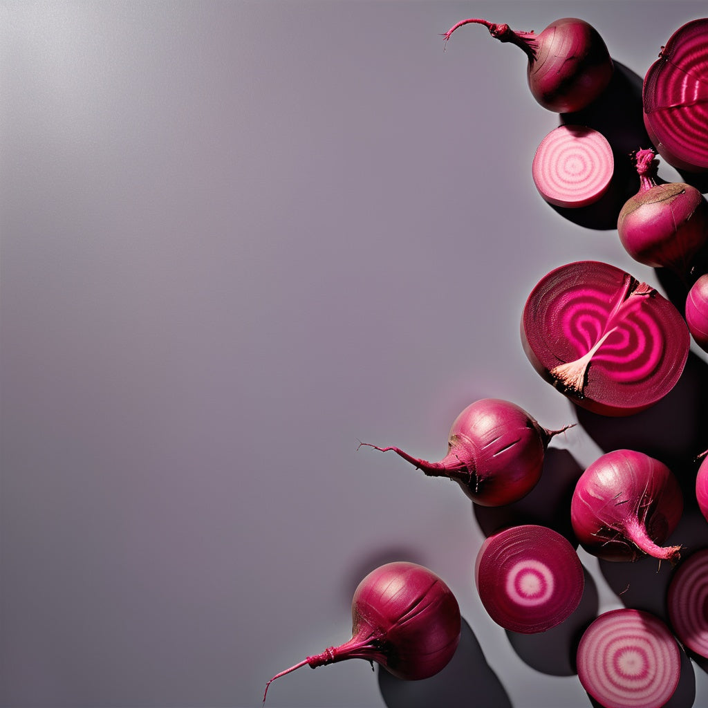 A clean and modern design featuring whole and sliced beetroot placed in the right-hand corner on a white-to-light pink gradient background. Ideal for organic food brands, health food marketing, and fresh produce campaigns.