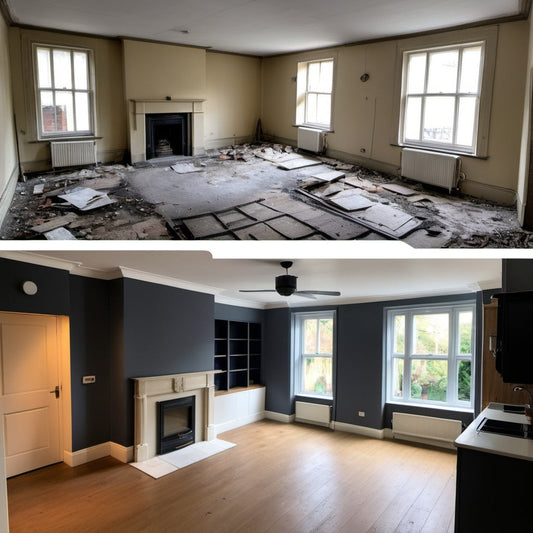 Before and after renovation of a property showing dramatic transformation for marketing purposes.