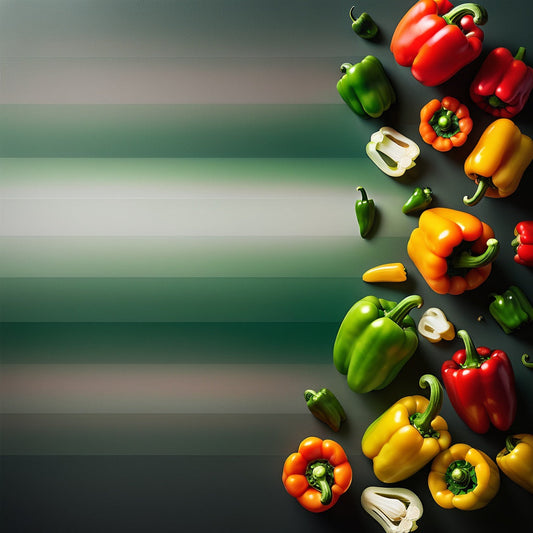 A colorful design featuring whole and sliced bell peppers on a green-to-white gradient background. Ideal for fresh vegetable promotions, salad marketing, and healthy food branding.