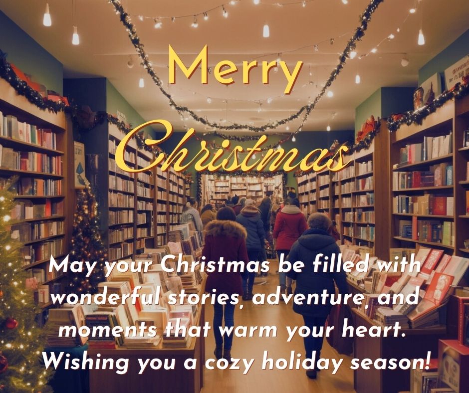 A bookstore with Christmas-themed books, soft lighting, and customers browsing through shelves with holiday decorations and festive garlands.