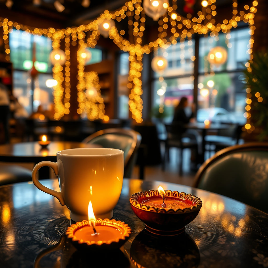 Diwali-themed café with rangoli patterns, vibrant colors, and festive lanterns creating a joyful atmosphere for holiday promotions.