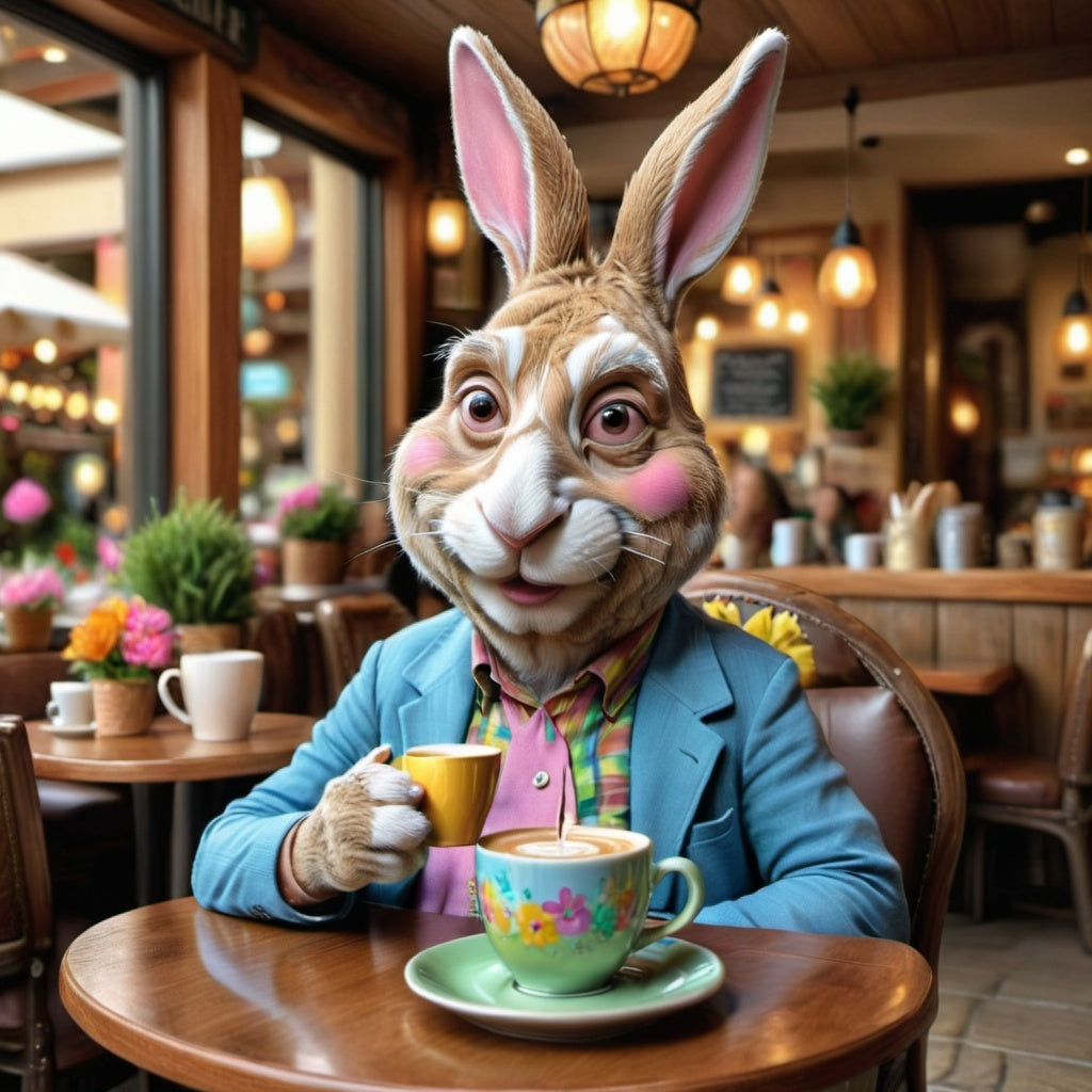 Easter Bunny sipping coffee in a cozy café, offering a peaceful, festive vibe for cafés.