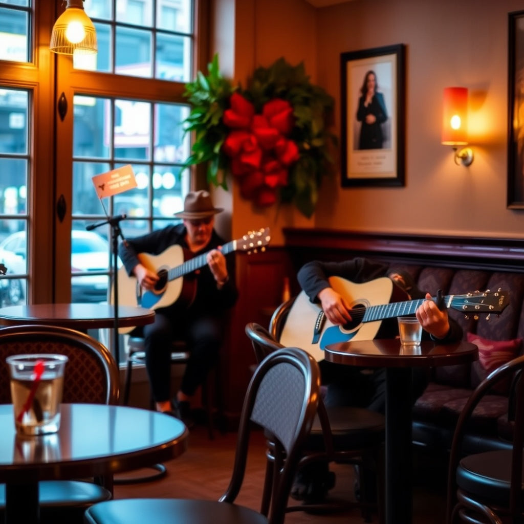 Cozy café with live guitar performance, warm lighting, and inviting atmosphere perfect for Valentine’s Day.