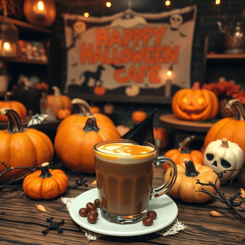 Halloween-themed café with pumpkins, spooky decorations, and a warm drink perfect for seasonal café promotions.