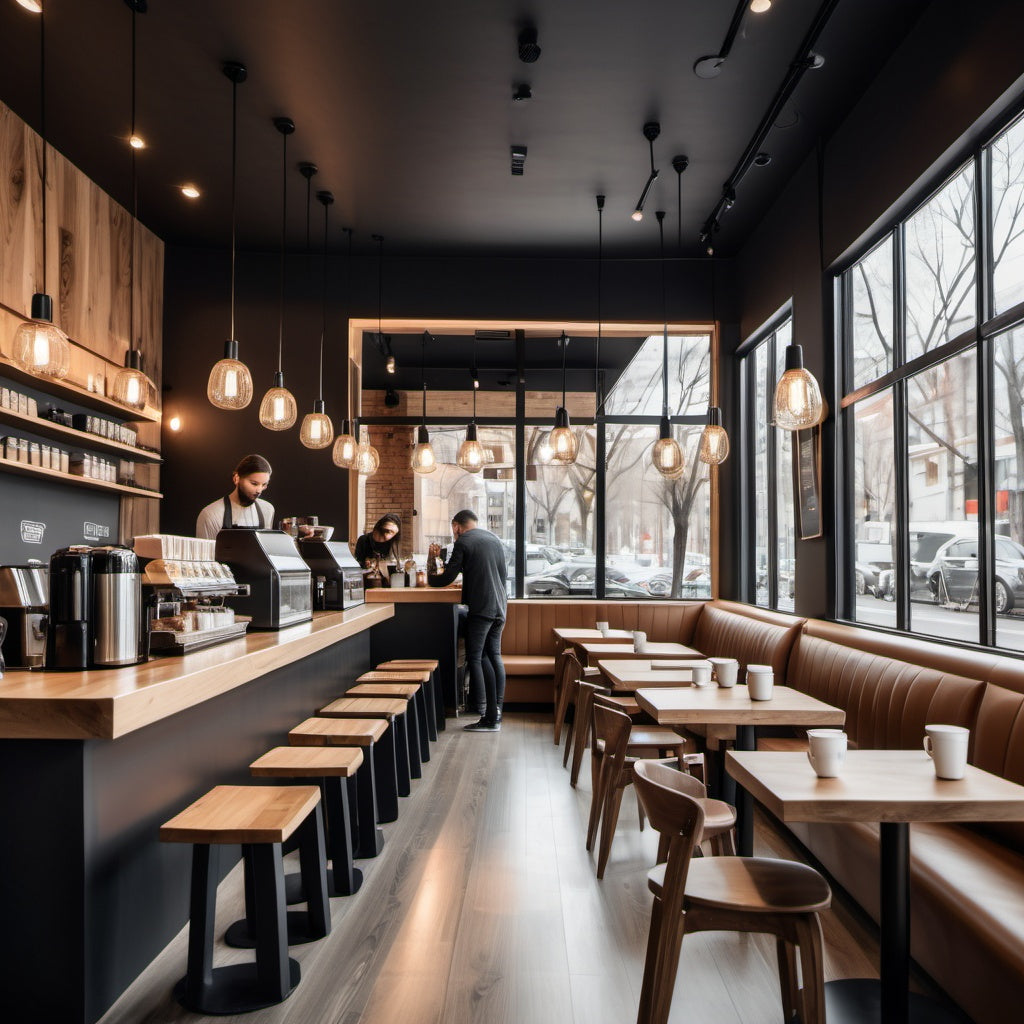 Modern café interior with mirror reflecting people enjoying coffee, creating a chic, cozy vibe.