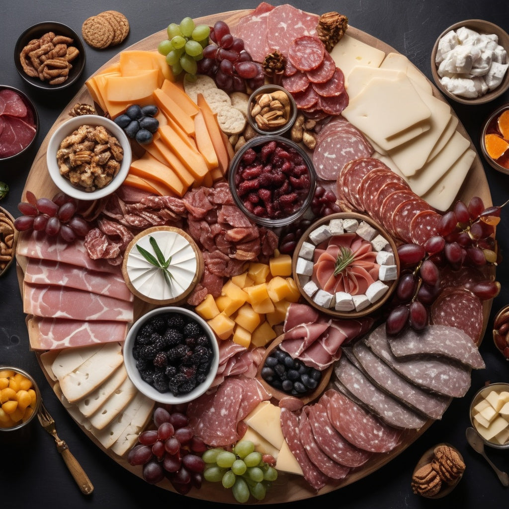 An overhead view of an elegant charcuterie board with a variety of meats, cheeses, and fruits, arranged artistically.