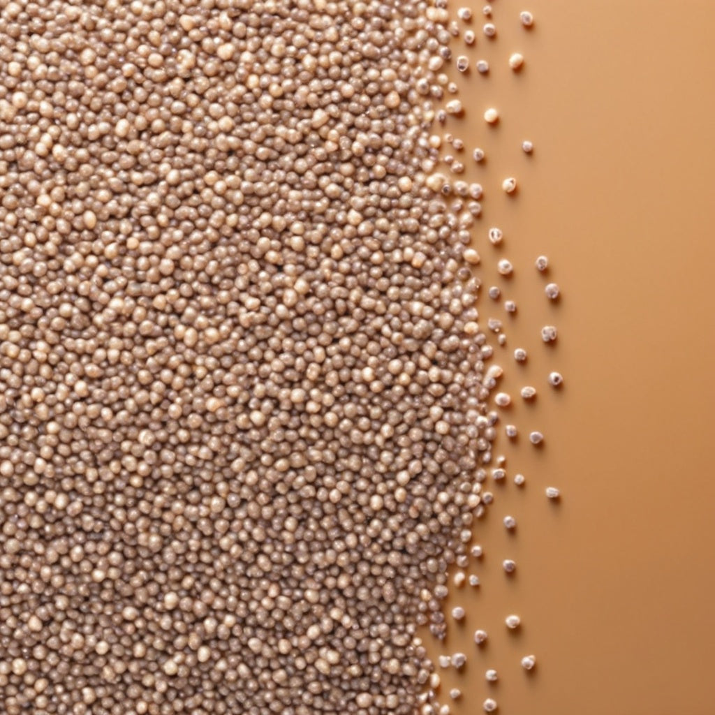 A clean and healthy design featuring chia seeds on a light brown-to-white gradient background. Ideal for wellness marketing, healthy food products, and superfoods branding.