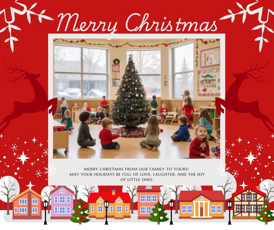 A daycare decorated for Christmas, with children enjoying activities and a Christmas tree in the background.