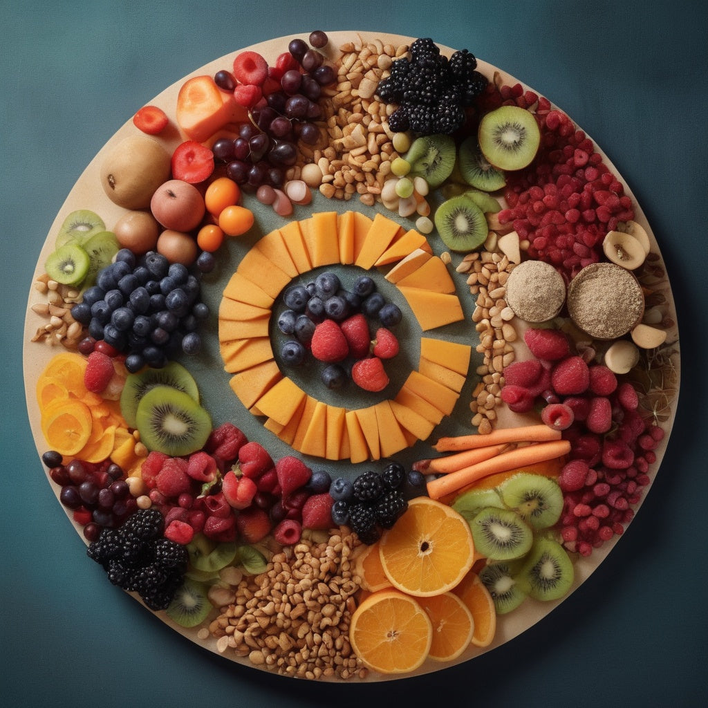 A circular arrangement of colorful and textured ingredients, highlighting their natural beauty in an abstract style.