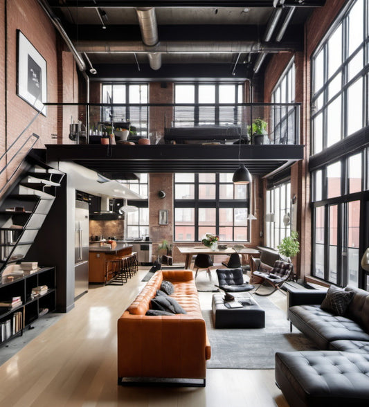 Modern urban loft with open spaces and sleek design for city living marketing.