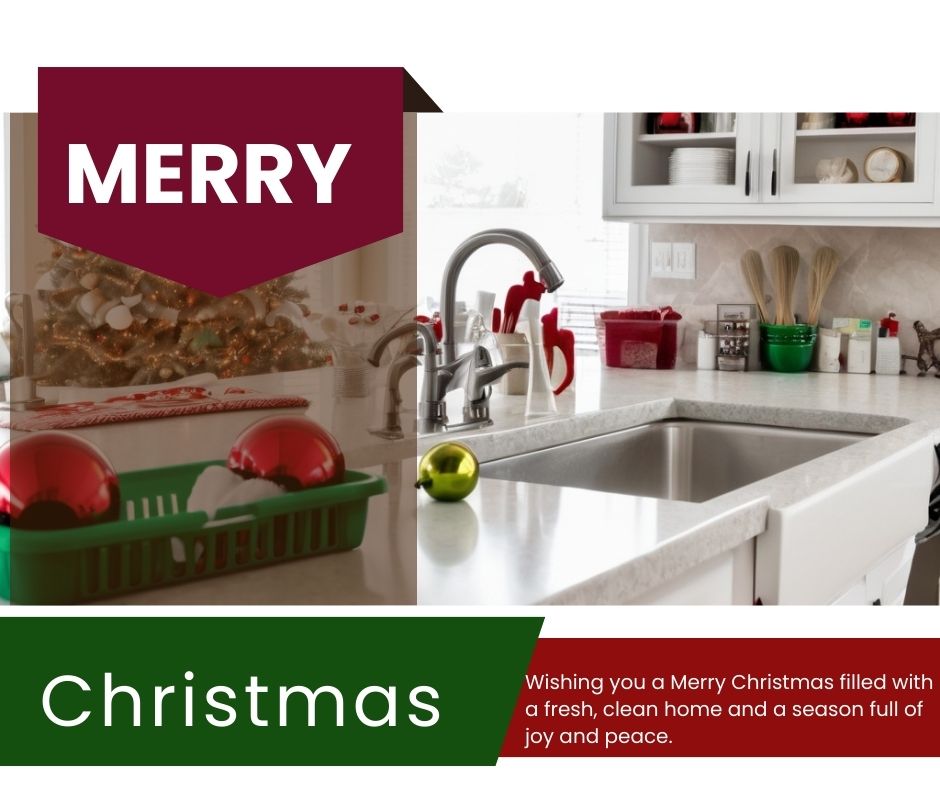 A clean and organized house decorated for Christmas, with holiday-themed cleaning supplies on a kitchen counter.