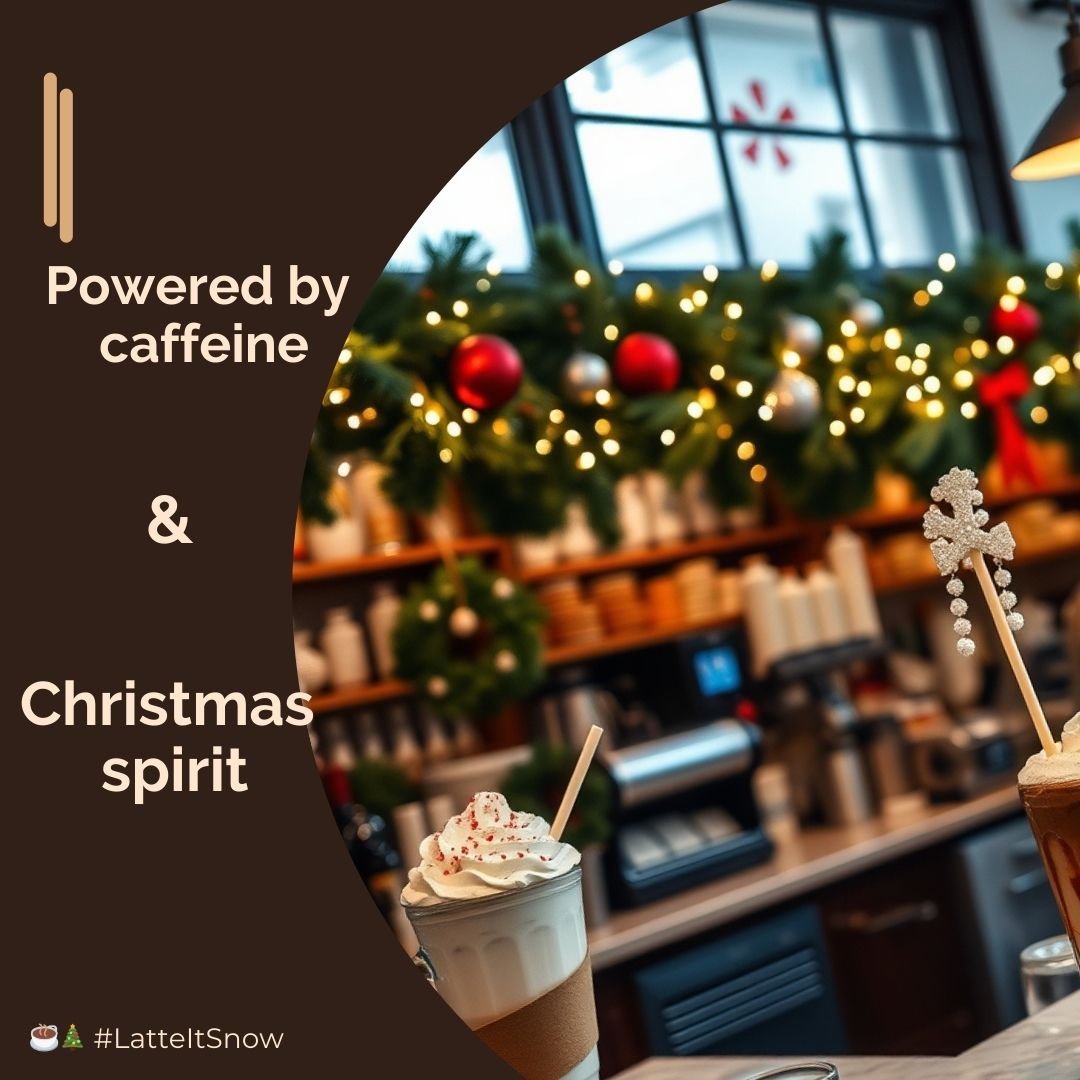 Coffee shop decorated with garlands, lights, and Christmas drinks