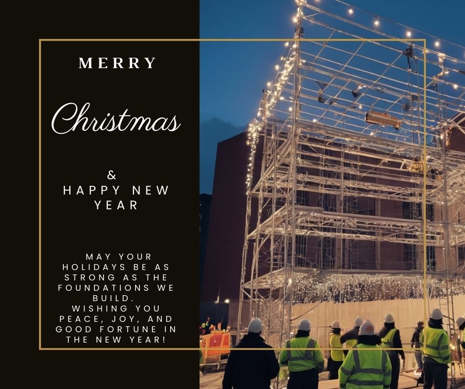 A construction site with Christmas lights hanging on scaffolding, showing workers building a structure with festive decorations.