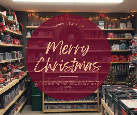 A construction supplies store decorated with Christmas lights, with shelves stacked with tools and materials surrounded by holiday cheer.