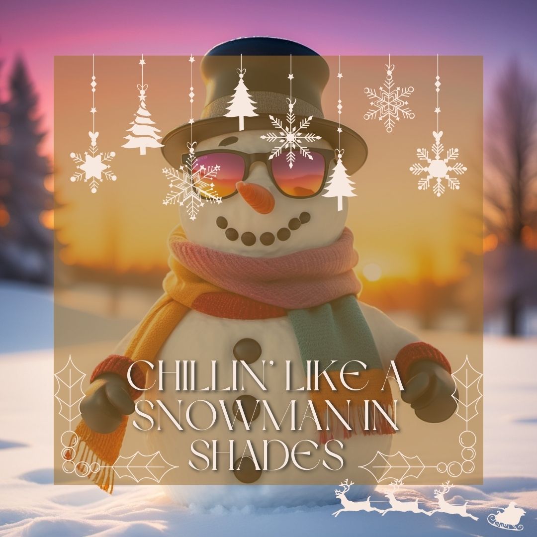 Snowman in sunglasses and scarf in snowy field with colorful sunset