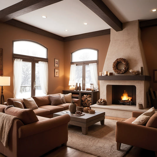 A warm living room with a fireplace, ideal for home interior branding.