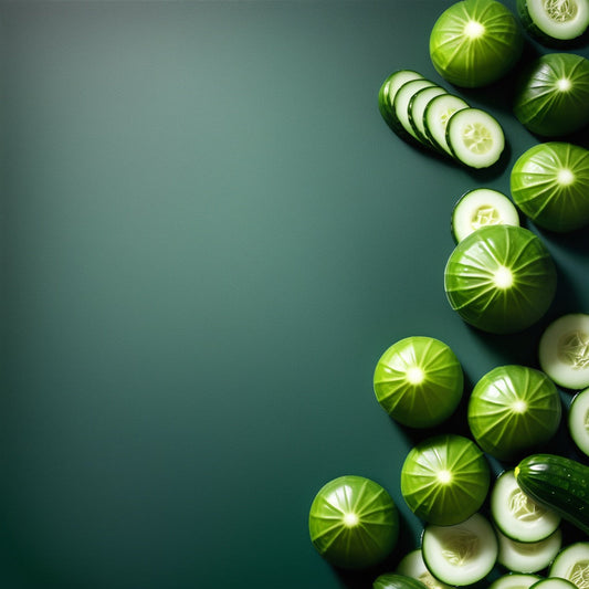 A fresh and cooling design featuring whole and sliced cucumbers on a dark green-to-white gradient background. Ideal for fresh salads, refreshing beverages, and healthy vegetable marketing.