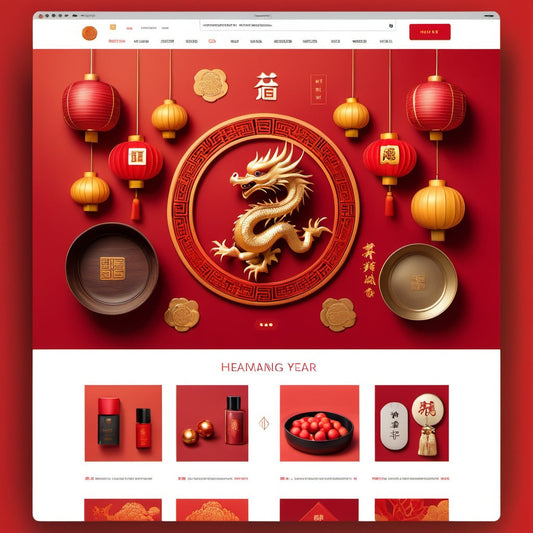 A stylish online shopping platform with premium products and Chinese New Year dragon motifs.