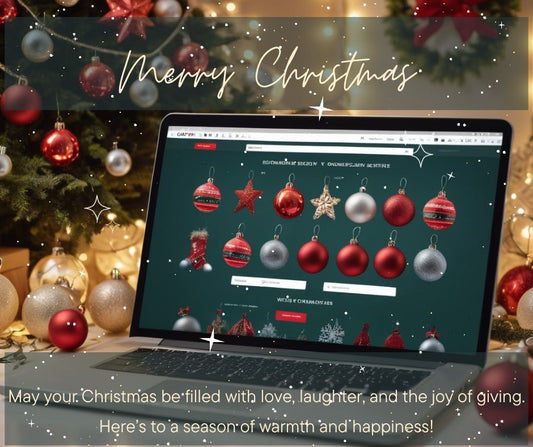 An e-commerce website interface on a computer screen surrounded by Christmas ornaments and lights.