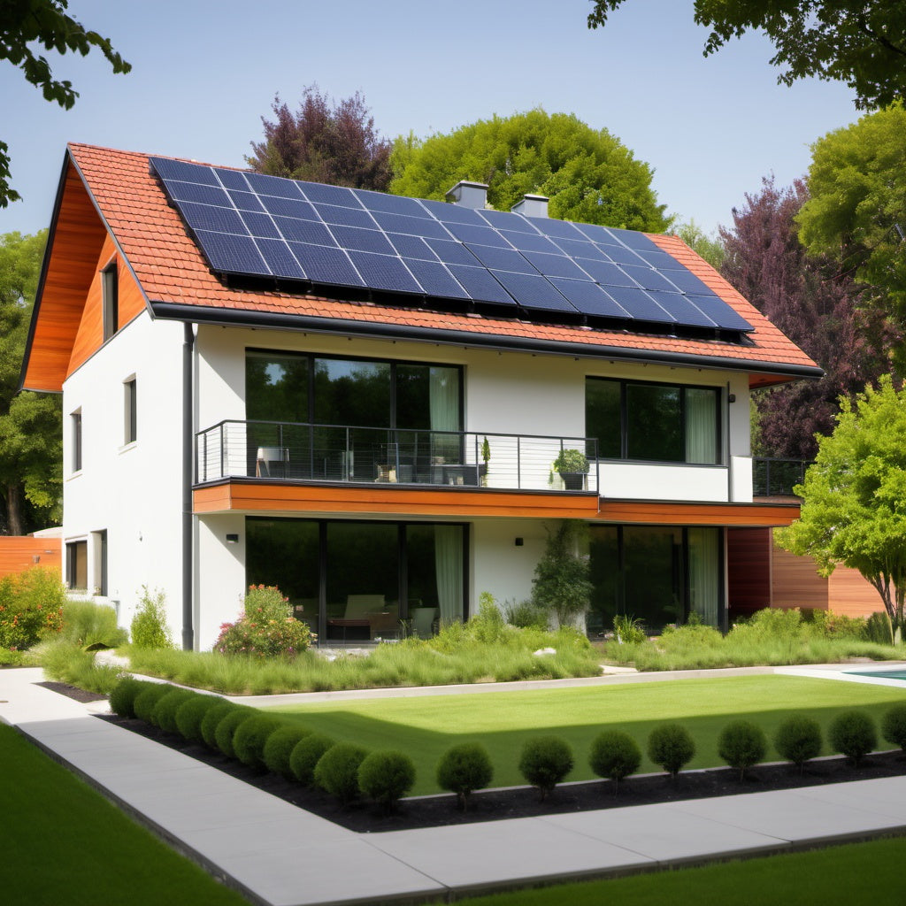 Eco-friendly home with solar panels and green landscaping for sustainable real estate marketing.