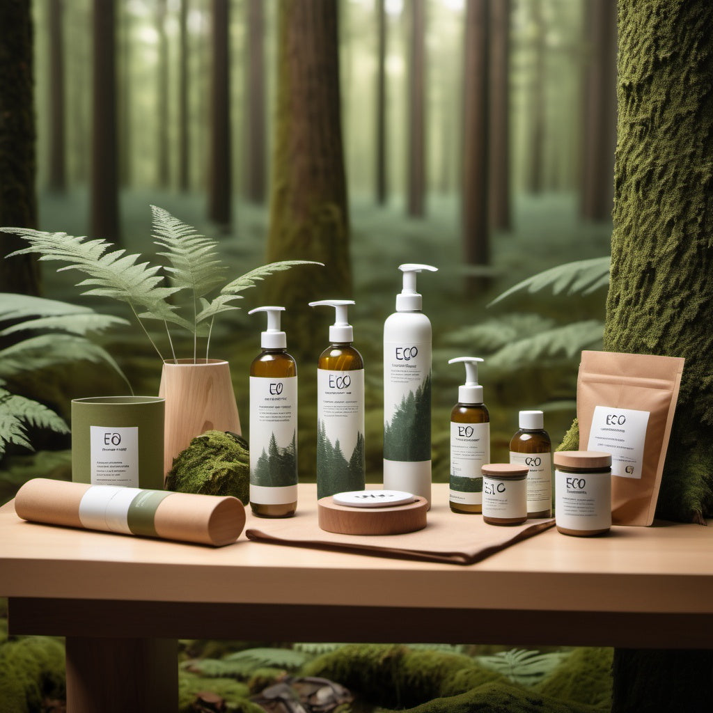 Eco-friendly products displayed in a forest setting, highlighting sustainability and natural beauty.