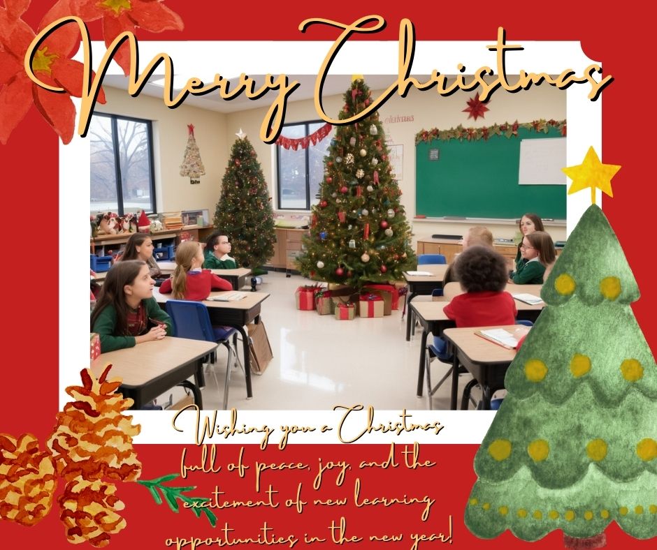 A classroom with a Christmas tree and holiday decorations, featuring students and a teacher engaging in holiday-themed lessons.