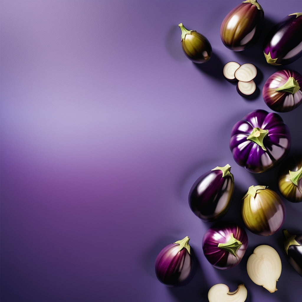 A modern design featuring whole and sliced eggplant on a purple-to-white gradient background. Ideal for vegetable-based recipes, fresh produce marketing, and healthy food promotions.