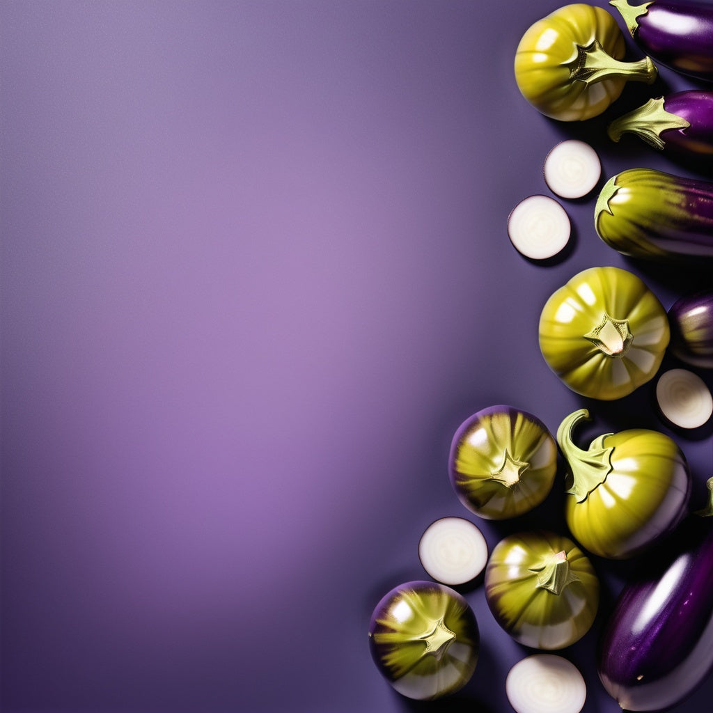 A bold, rich design featuring whole and sliced eggplants on a purple-to-white gradient background. Ideal for vegetarian and vegan recipes, fresh produce promotions, and healthy eating campaigns.