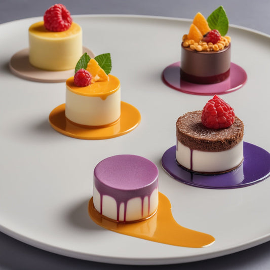 A close-up of colorful gourmet desserts on a clean plate, highlighting the intricate artistic design, perfect for luxury restaurant branding.