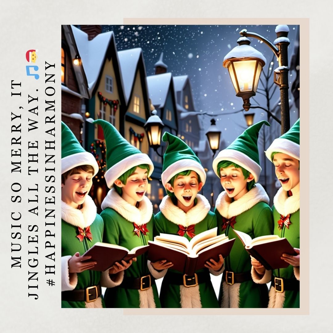 Elves singing carols under snowy streetlamp with festive lights